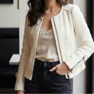 Club Monaco Cream Bouclé Zip Moto Blazer Quiet Luxury Old Money Chanel French